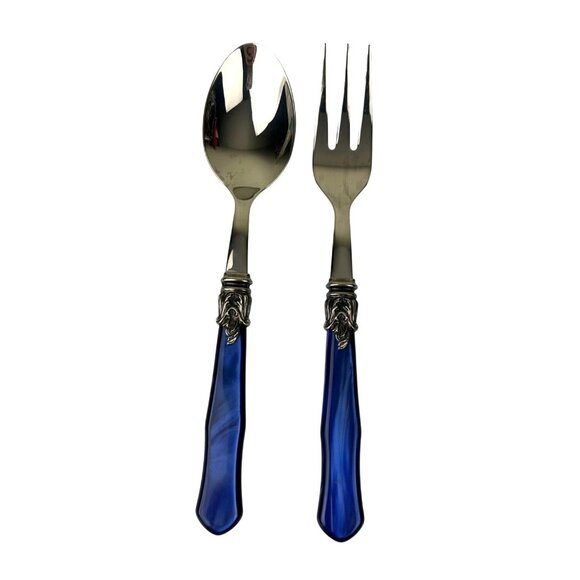 INOX Napoleon 18/10 Made in Italy Blue Stainless Steel Serving Spoon & Fork 9.5" - Picture 1 of 15